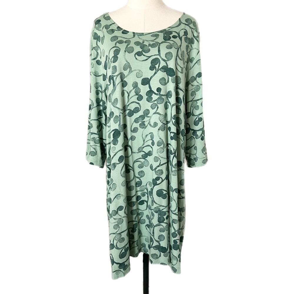 Gudrun Sjoden Iron Jersey Tunic Cotton Modal Green Floral Pockets Size XL